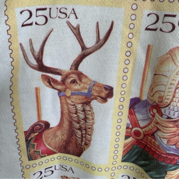 Vintage Postal Stamps Crewneck Sweatshirt Adult Large Mens 80s 90s Sweater Deer - Picture 3 of 9